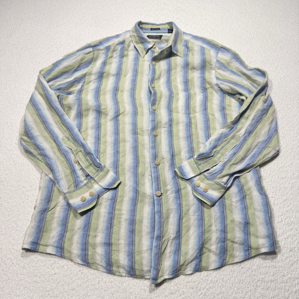 Tommy Bahama Men's Shirt Indigo Palms Blue Green Striped 100% Linen Button Up L